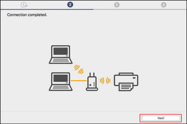 Connection completed screen with Next chosen at bottom right